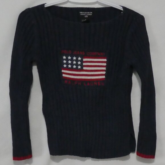 VTG POLO JEANS CO. Ralph Lauren | small | Navy Ribbed Patriotic USA Flag Sweater - Picture 2 of 16